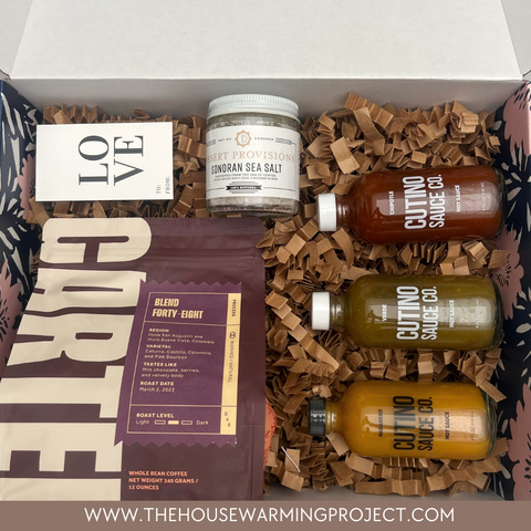 corporate gift, Gourmet Gift Box containing blend 48, gourmet salt and hot sauce bundle from The House Warming Project.