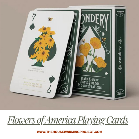 One card of flowers of America Playing Cards standing out of the deck with the deck behind it.