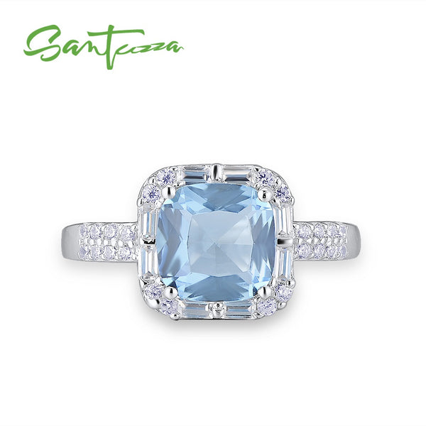 SANTUZZA Handmade Blue Glass Solitaire Ring Sterling Silver Ring Blue Glass,White Cubic Zirconia R301121BLGZSL925