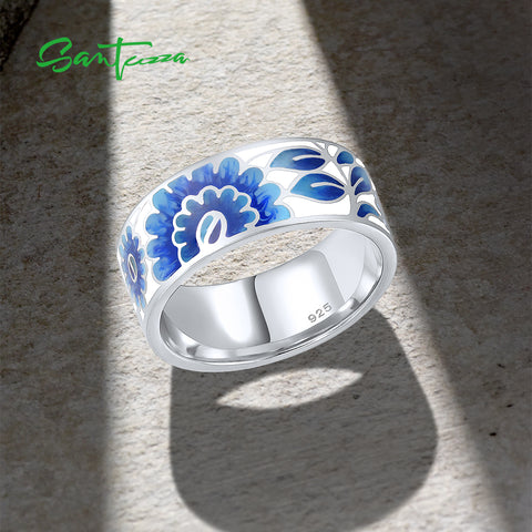 SANTUZZA Handmade Oriental Blue Flower Enamel Ring 925 Sterling