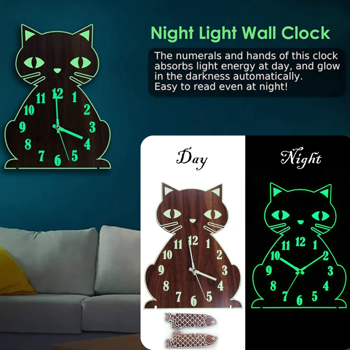 Cat themed wooden luminous wall clock6