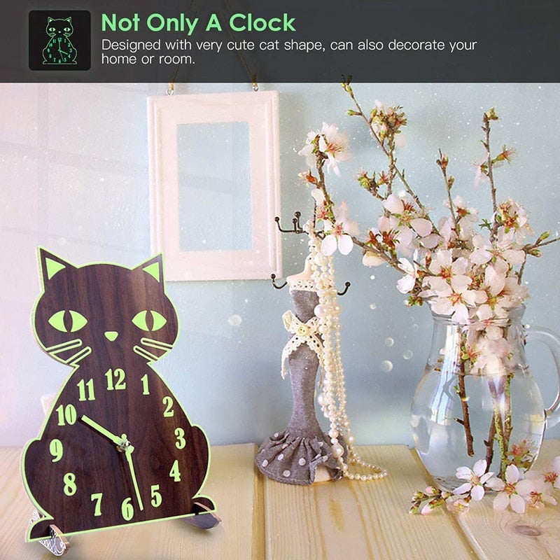 Cat themed wooden luminous wall clock5