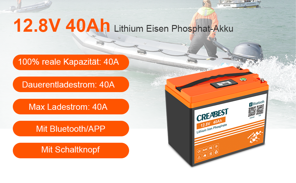Batterie LifePo4 12v 40Ah Cycles profonds avec fer au lithium BMS pour  moteur de pêche à la traîne Panneaux solaires RV Appareils bateau Chariots  de golf marins avec chargeur : : Sports