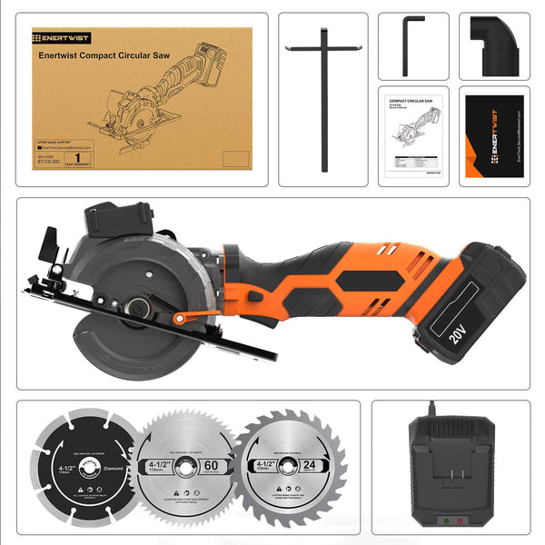 Cordless Circular Saw with three saw blades, charger and accessories in white background