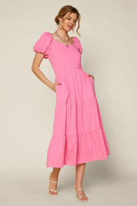 Pink Knit Ruffle Tier Midi Dress