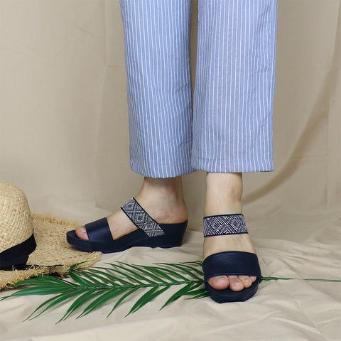 relax your feet with comfortable boho navy blue colour strappy sandals for wide feet for vacation and everyday wear