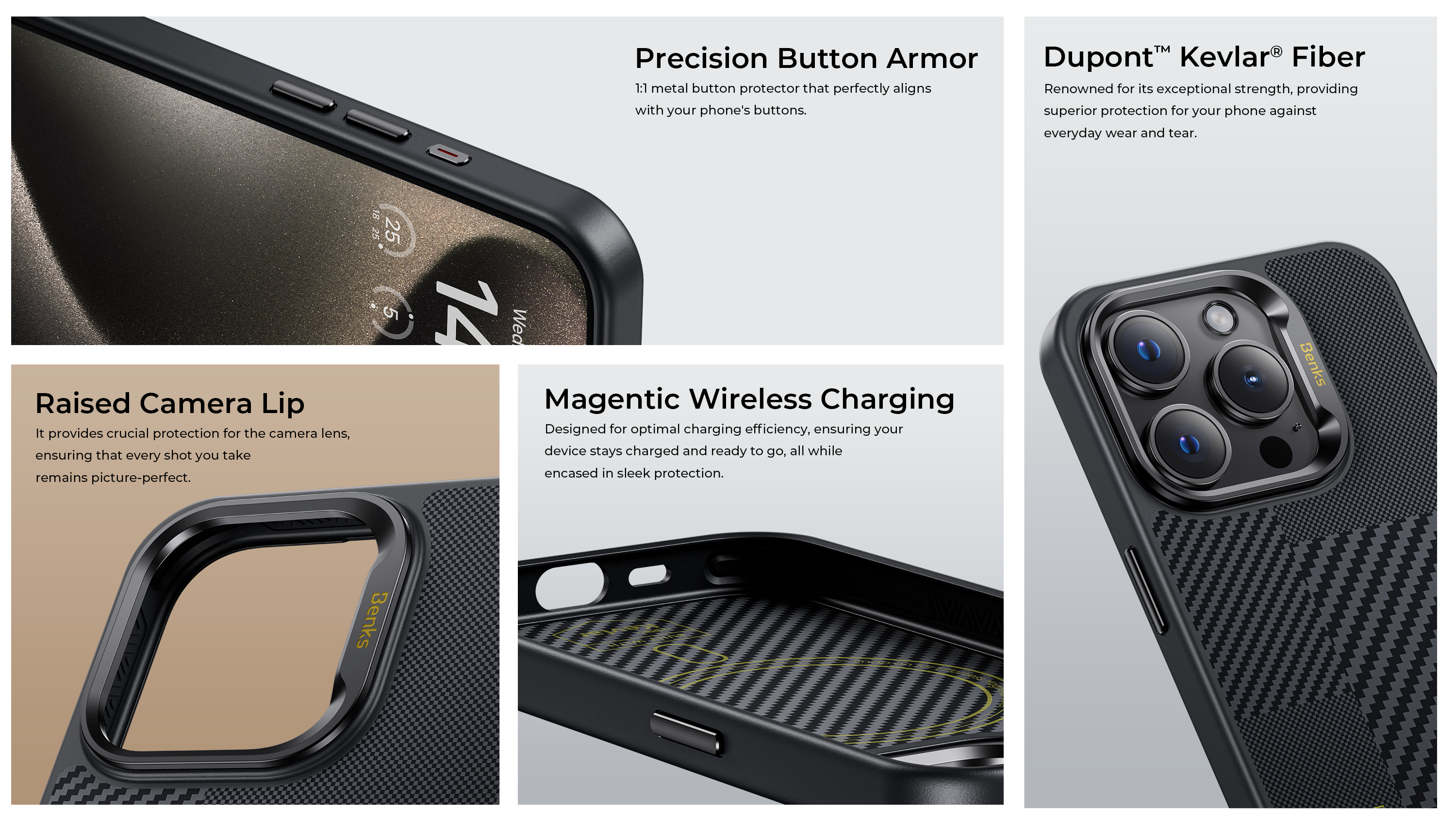 Introducing the ultimate in smartphone protection: the Benks Montage ArmorPro Case, crafted with 600D & 1500D DuPont™ Kevlar® fiber for the iPhone 15 Pro Max. This case offers unmatched durability and a sleek, minimalist aesthetic that enhances your device's natural beauty.