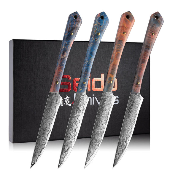 4-piece steak knife set with product packaging