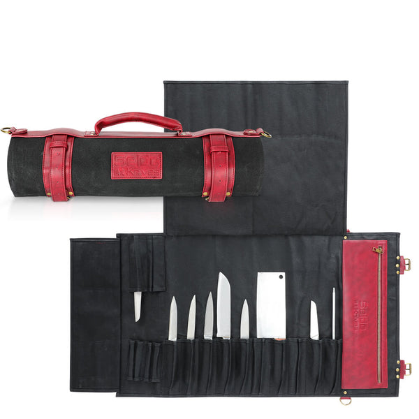 Carbon Steel Chef Knife Set With Rolling Leather Bag Red