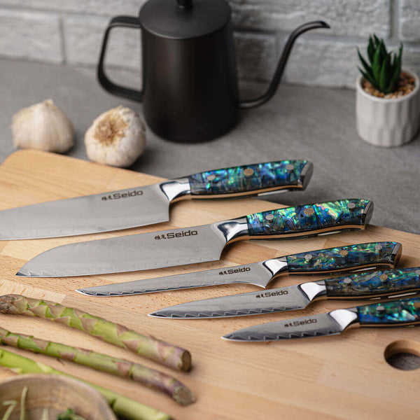 Awabi Damascus steel 5-piece Chef Knife Set stylized