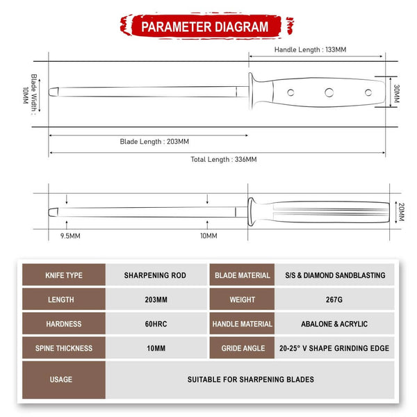 Awabi 10 inch honing steel sharpening rod product specs