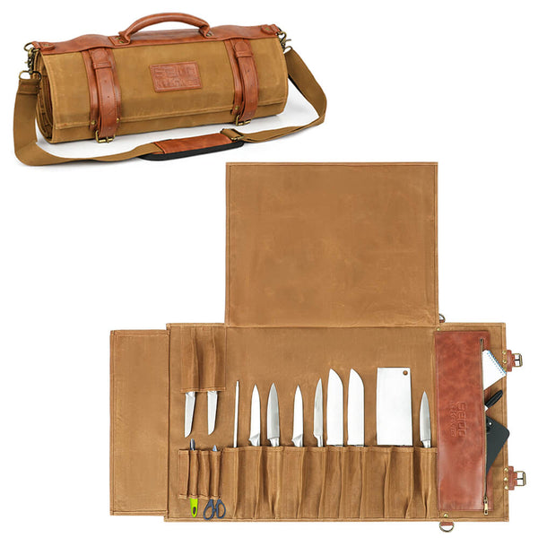 classic knife roll, heavy duty canvas and pu leather
