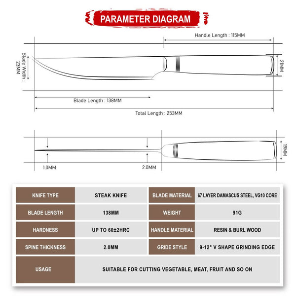 Executive Straight Edge Steak Knife Product Dimensions