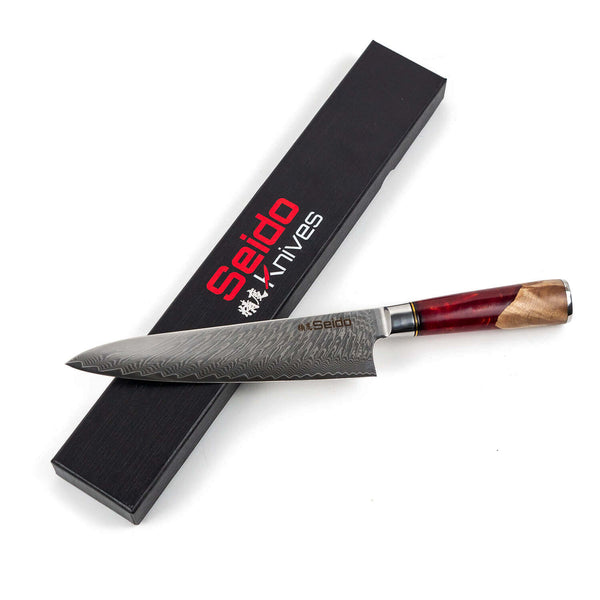 Gyuto Executive Chef Knife with Red Resin Handle displayed on SEIDO packaging