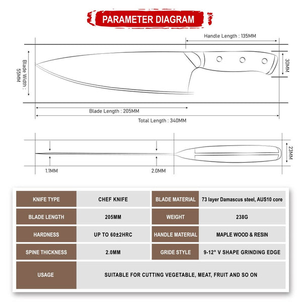 Gyuto AUS-10 Chef knife product specs