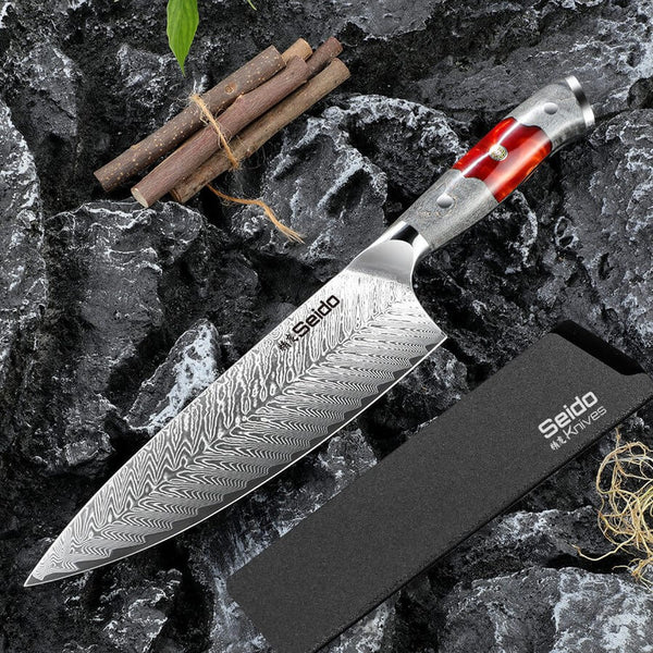 Inferuno Gyuto AUS10 Chef Knife lifestyle with sheath