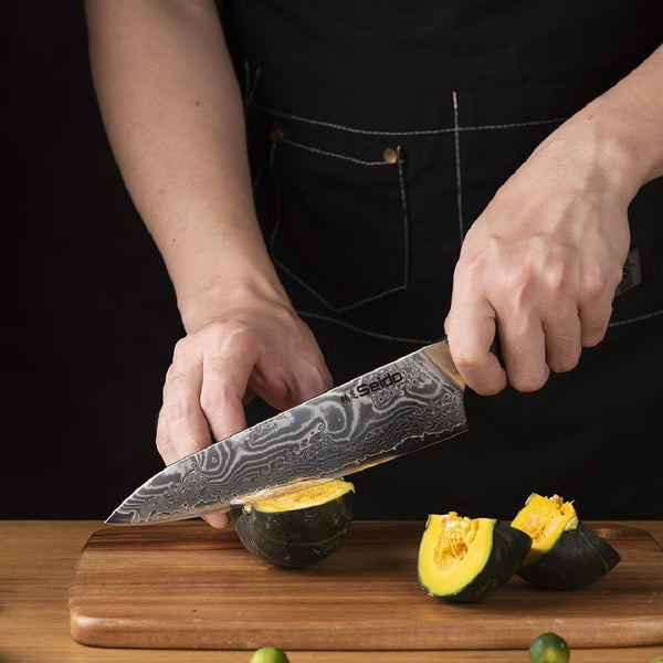 Knife Cutting Demo with Damascus Gyuto Knife