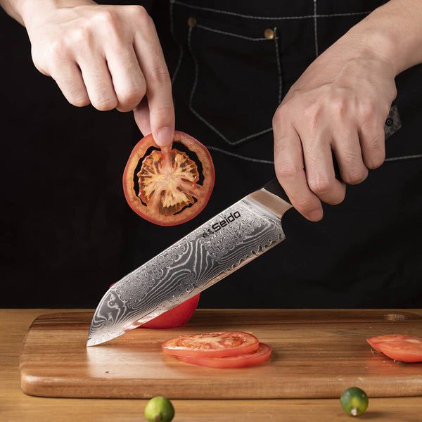 Knife Cutting Demo with Damascus Santoku Knife