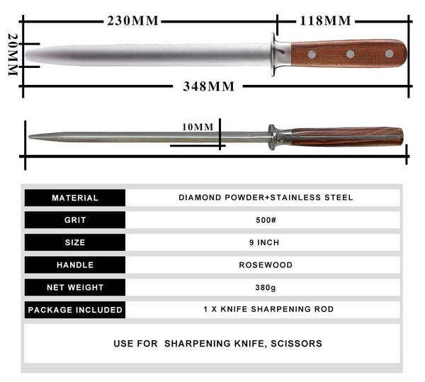 Cutluxe Honing Steel - 10 Sharpening Rod - Full Tang Ergonomic Handle Design - Artisan Series