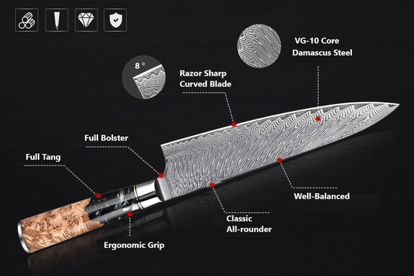 Gyuto Executive Damascus Steel Chef Knife, Black resin handle, product specs