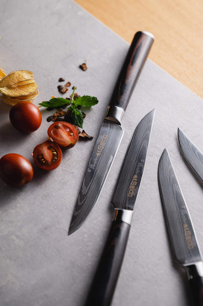 Executive Straight Edge Steak Knives | VG-10 Steak Knife Set | Best Non-Serrated Steak Knives | 4-Piece VG10 Damascus Steak Knives | Seido Knives