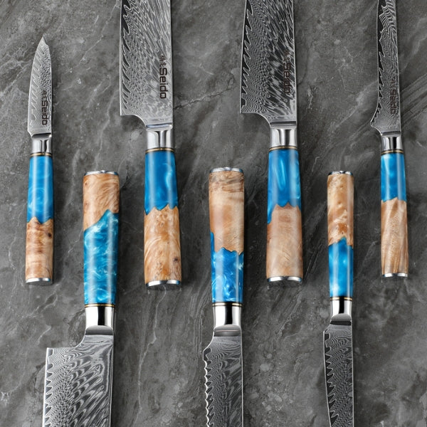 Featuring Seido's 7-piece blue resin handle professional knife set