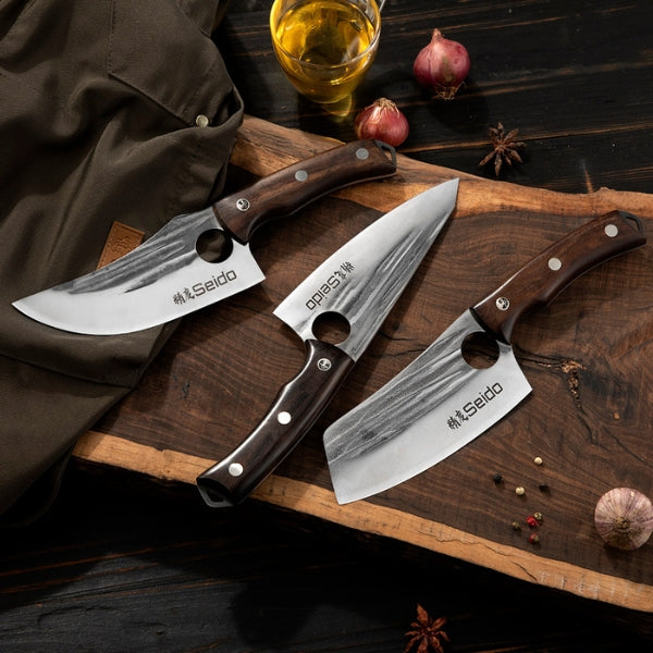 3-piece Torio butcher knife set which includes a cleaver knife, boning and slicing knife