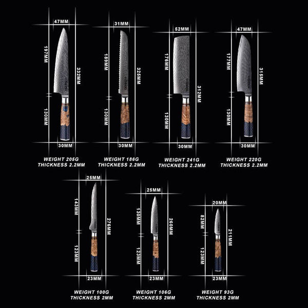 7-piece Hanikamu VG10 knife set product details and dimensions