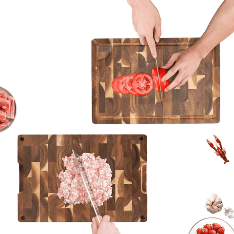 chopping produce on end grain cutting board