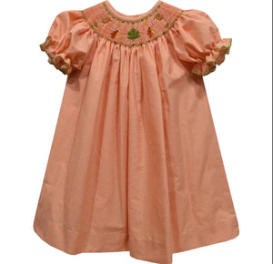 Fall Leaves Smocked Orange Checked Smock Short Sleeve Bishop Dress-18m - Abbies Place