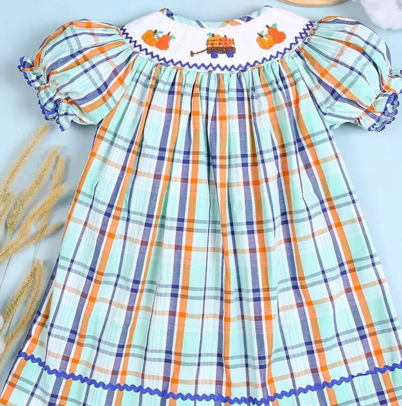 Pumpkin Truck Hand Smocked Bishop Dress