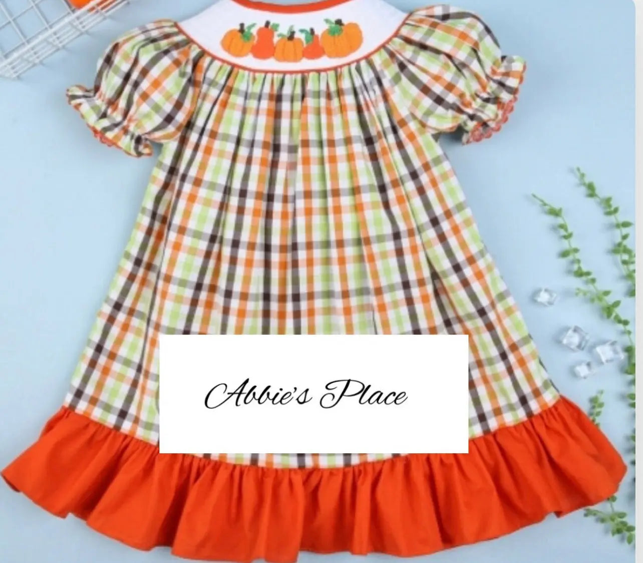 Pumpkin Smocked Plaid Thanksgiving Bishop Dress