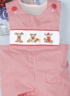 Christmas Reindeer Hand Smocked Boy Longalls - Abbies Place