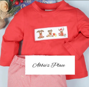 Reindeer Hand Smocked Boy Long Sleeve Shirt and Gingham Red Pants - Abbies Place