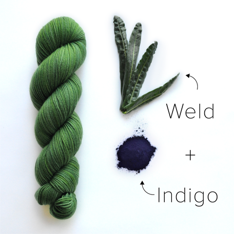 green yarn dyed with weld and indigo