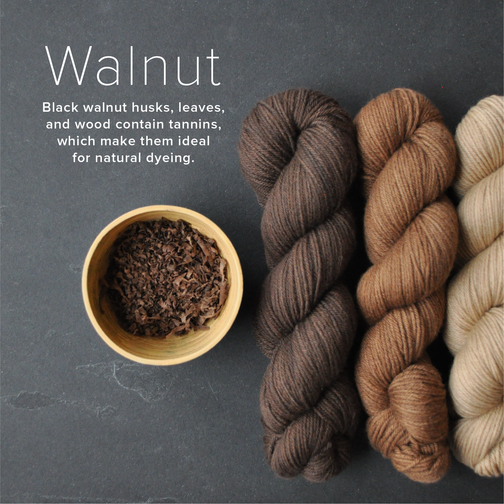 3 brown skeins of yarn sitting next to a small bowl of black walnut shavings on a dark slate background