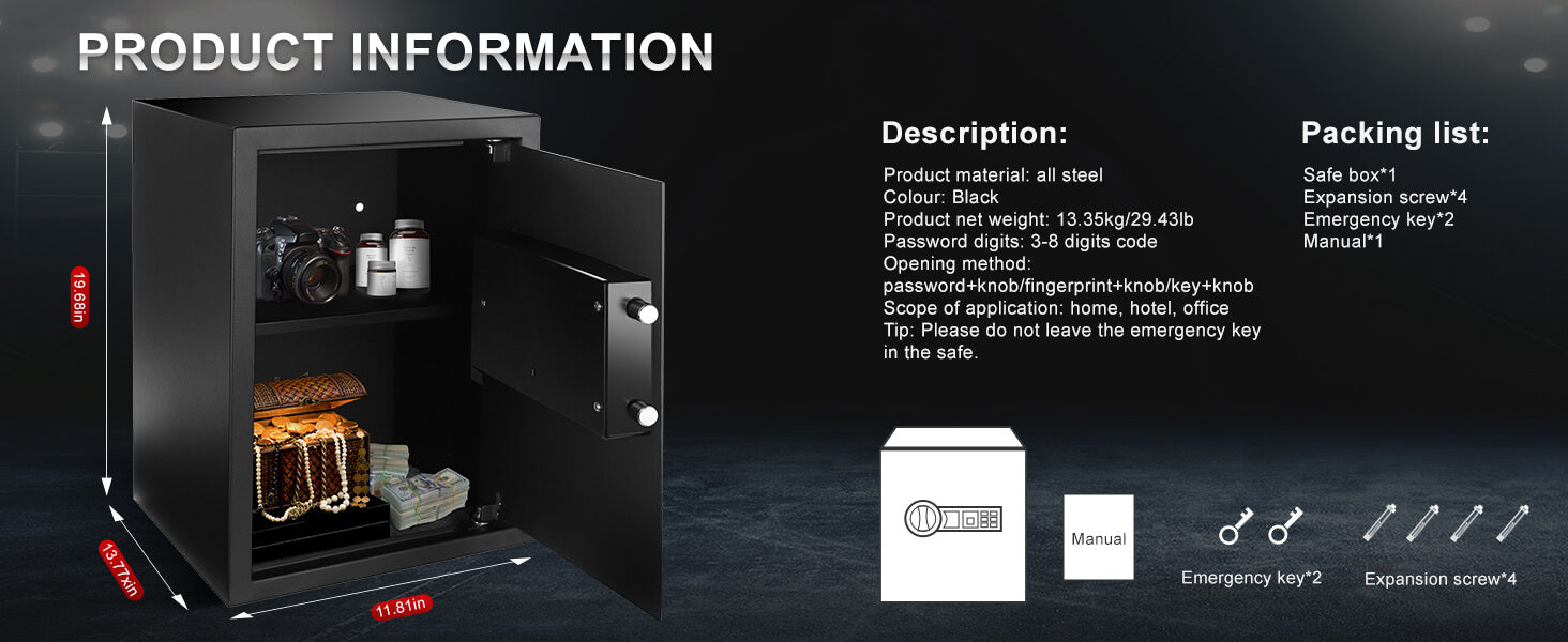 TIGERKING Biometric Fingerprint Safe Box, 1.8 Cubic Feet Digital Keypad Security Money Safes Lock Box, Quick-Access Smart Biometric Home Safe E50SPFR