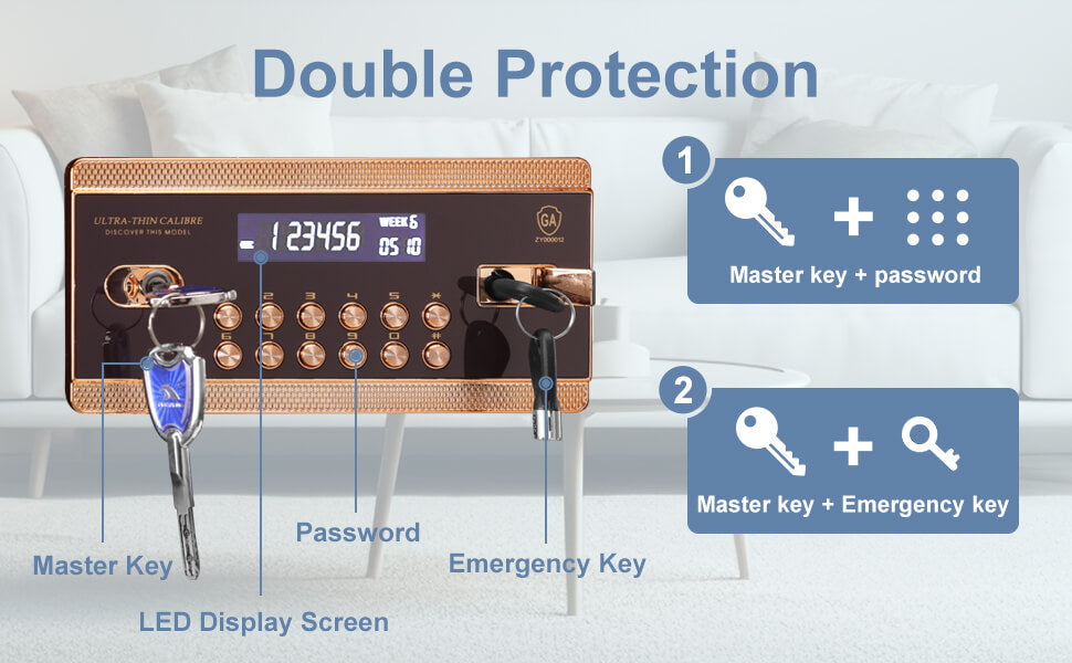 TIGERKING Burglary Digital Security Safe Box for Home Office Double Safety Key Lock and Password Safes 63XH-1 Gold