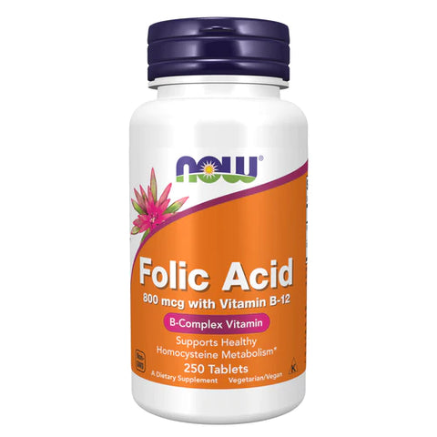 NOW Foods Ácido fólico 800 mcg com vitamina B-12 250 comprimidos