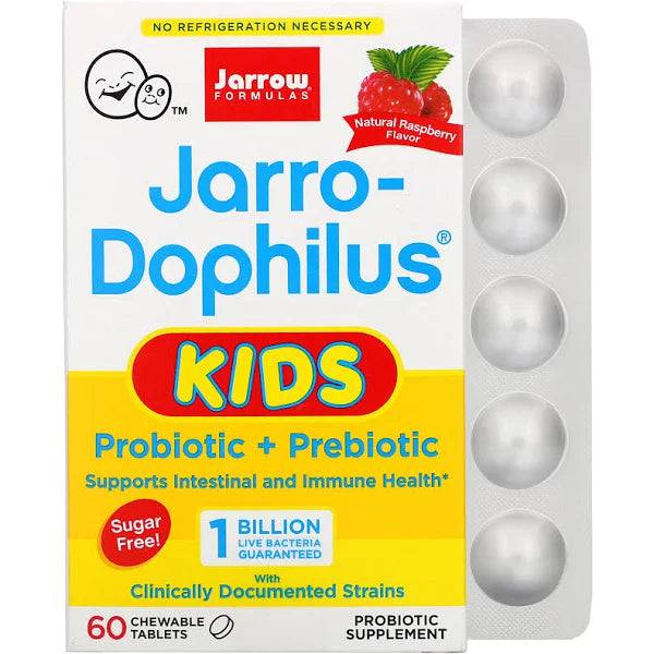 Jarrow Formulas Jarro-Dophilus Kids Probiotic + Prebiotic Sugar Free Natural Raspberry Flavor 1 Billion Live Bacteria 60 Chewable Tablets