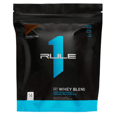 RULE ONE, R1 Whey Blend Chocolate Fudge, 100% whey proteins, 3 sources: concentrates, isolates, and hydrolysates, 5g naturally-occurring BCAAs, 1.05 lb