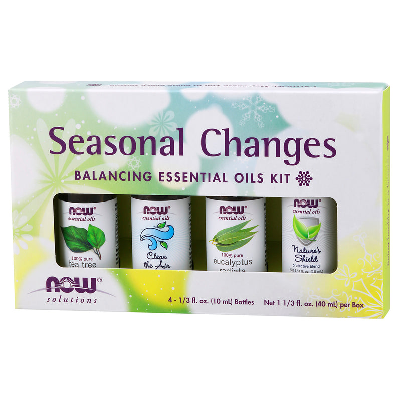 NOW Essential Oils, Seasonal Changes Balancing Aromatherapy Kit, 4x10ml Including Tea Tree, Eucalyptus Radiata, Clear the Air and Nature’s Shield Oil Blend With Child Resistant Caps
