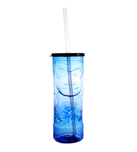 BarConic Blue Plastic Tiki Cup w/ Lid and Straw - 24 oz - CASE OF 50