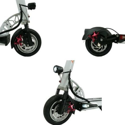 3 different angles of the front wheel of the EMOVE electric cruiser scooter