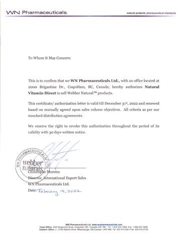 webber natural authorized distributor letter