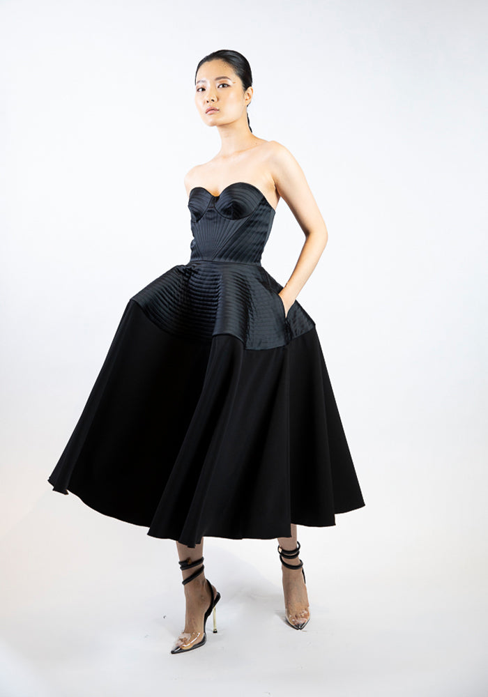 Strapless Top Stitched Detail Tea Length Dress | Christian Siriano