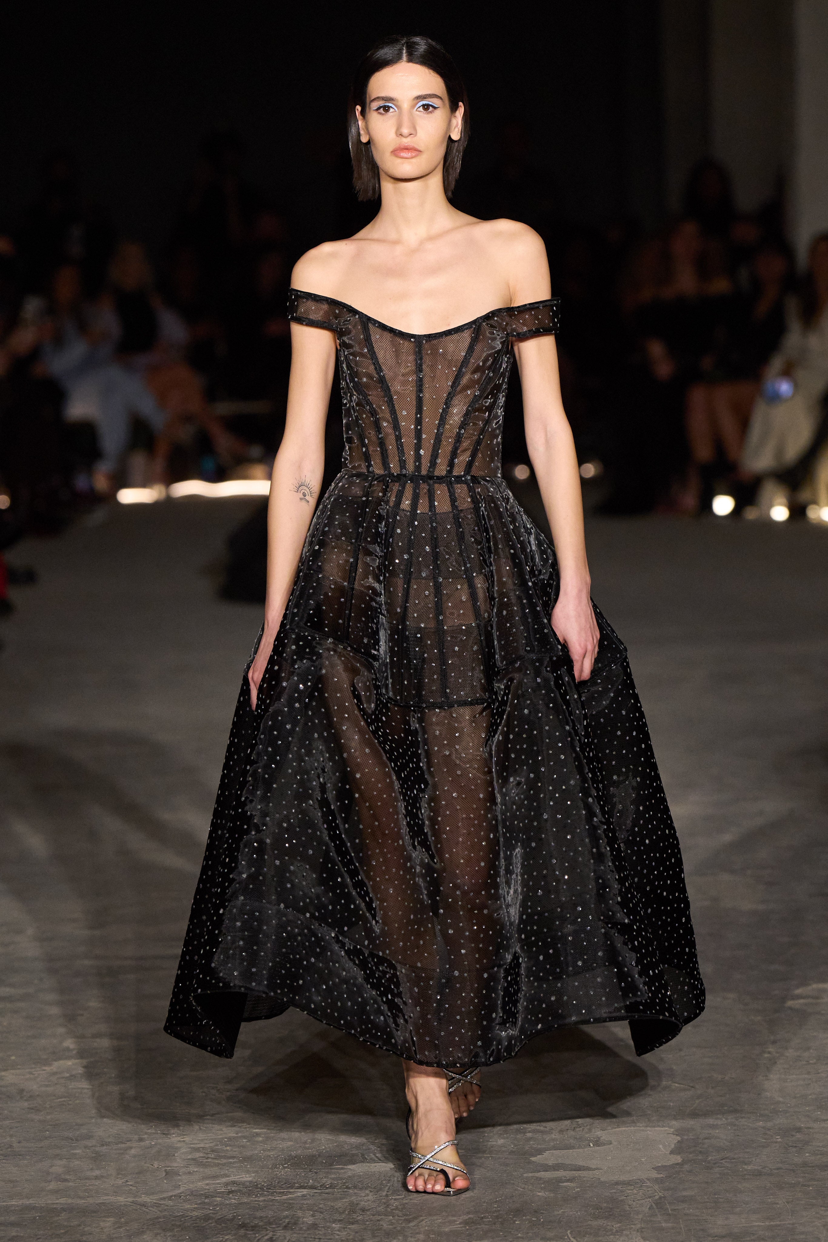 Off the Shoulder Crystallized Mesh Cage Dress | Christian Siriano