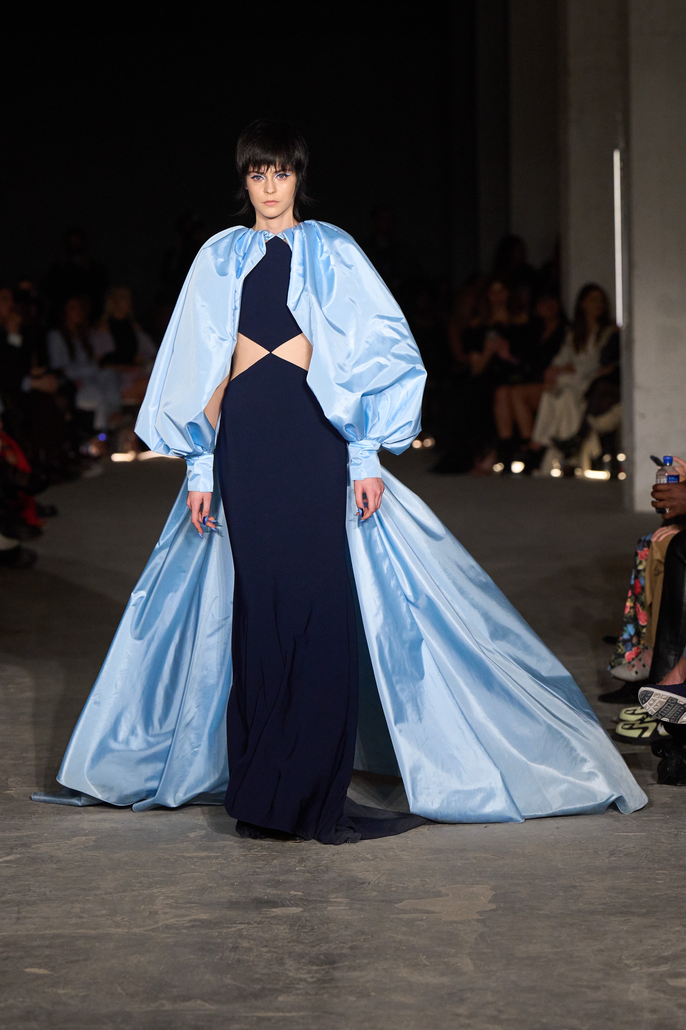Navy Cut Out Gown with Taffeta Bubble Sleeve Cape | Christian Siriano