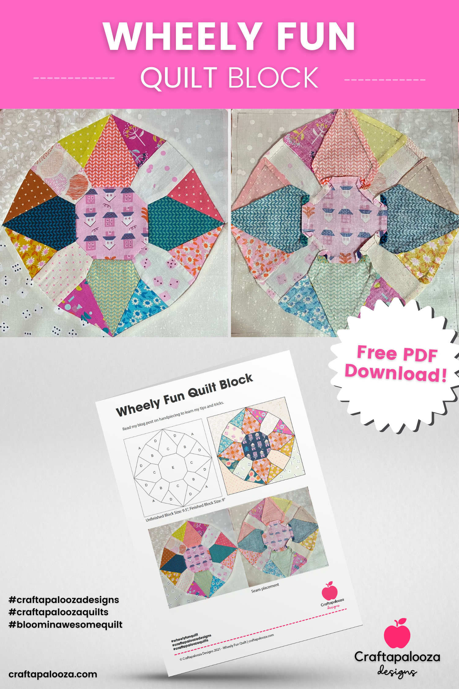 craftapalooza designs - nic vaughan - hand piece the wheely fun quilt block