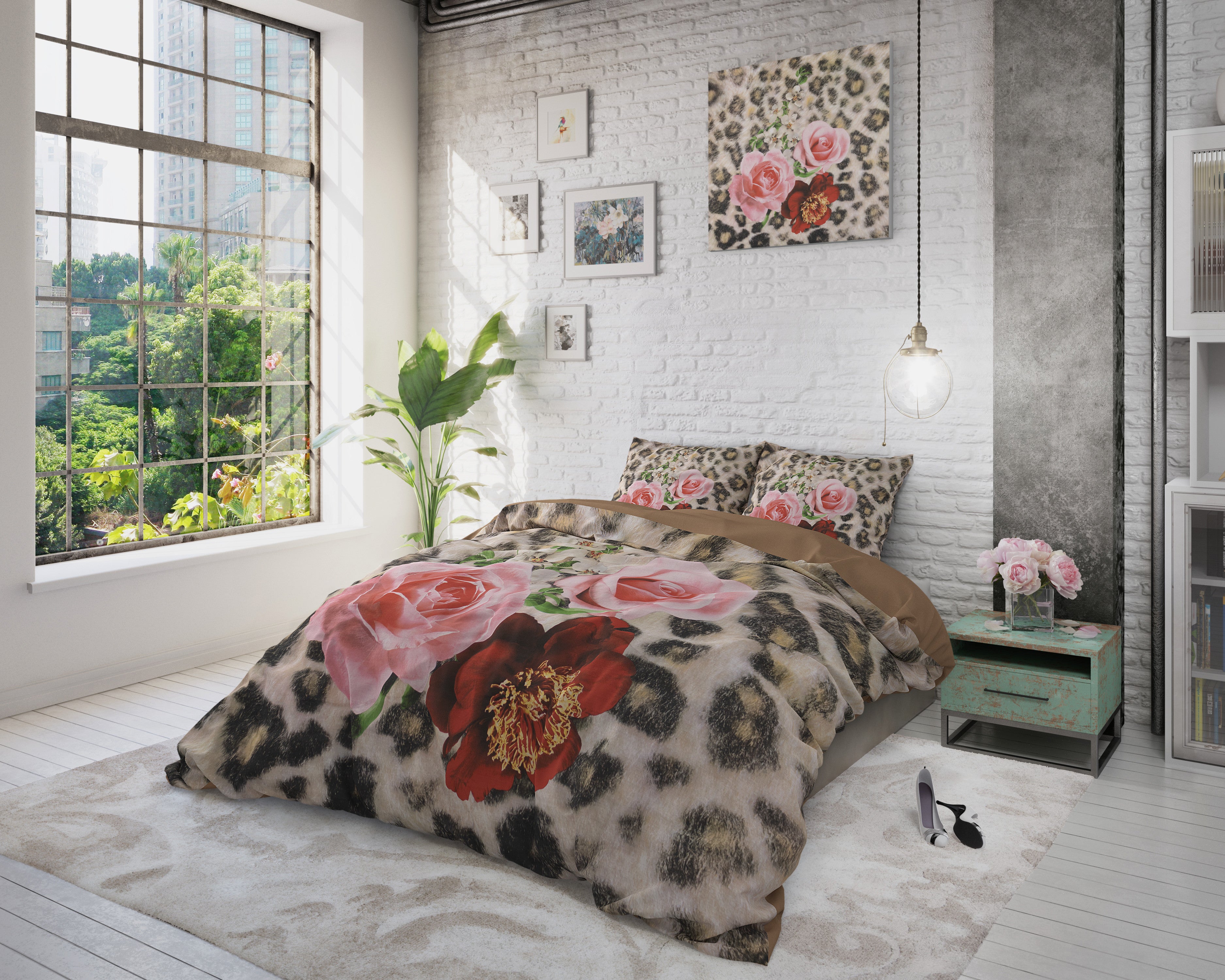 RoyalTextile - Floral Panther Dekbedovertrek - 100% Katoen - Bruin - 200 x 220